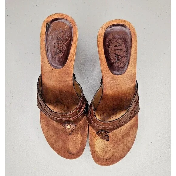Vintage 90s y2k Bratz MIA Brown Leather Wood Sole Slides Heeled Sandals 7 EUC - Picture 1 of 8